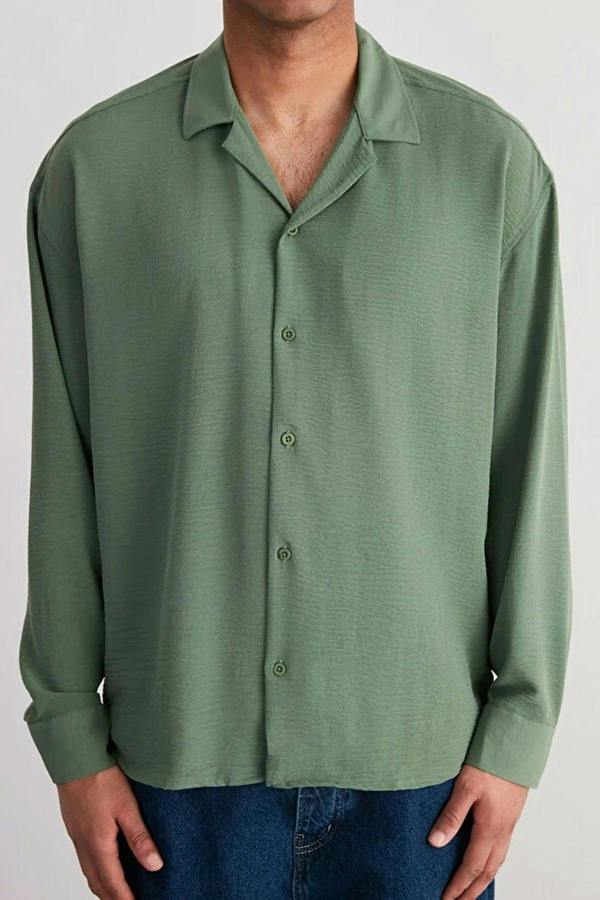 WOVCOR Oversize Fit Open Collar Linen Look Men’s Shirt