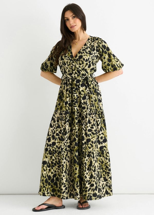 Gini London Green Animal Print Wrap Skater Maxi Dress