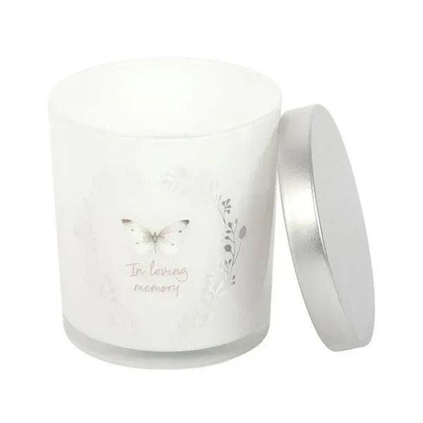 White vanilla-scented candle in glass jar with butterfly and memorial print