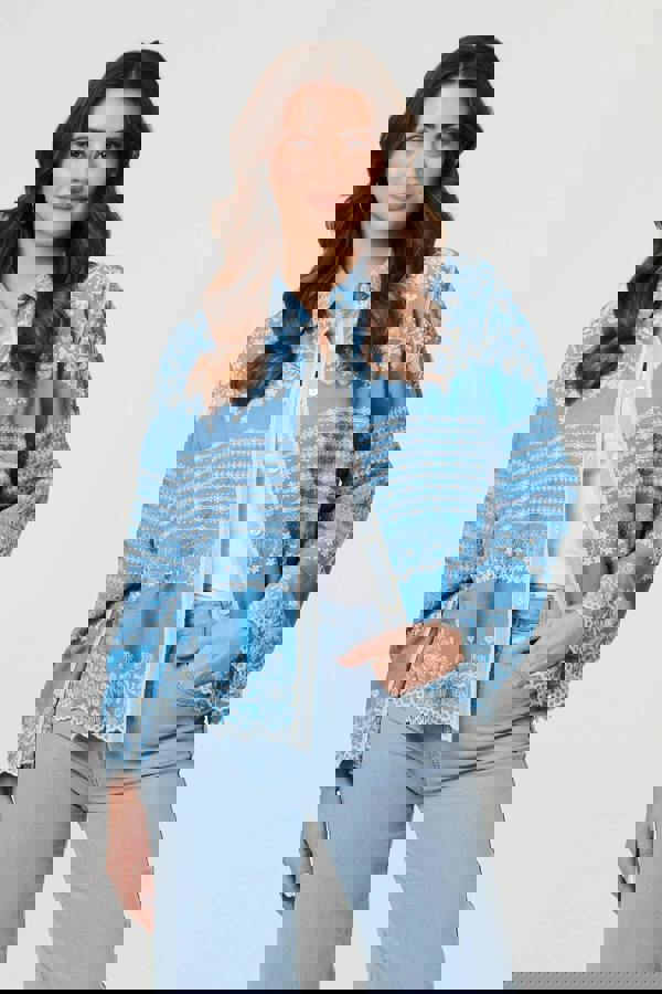 Blue | Embroidered Lace Trim Long Sleeve Shirt
