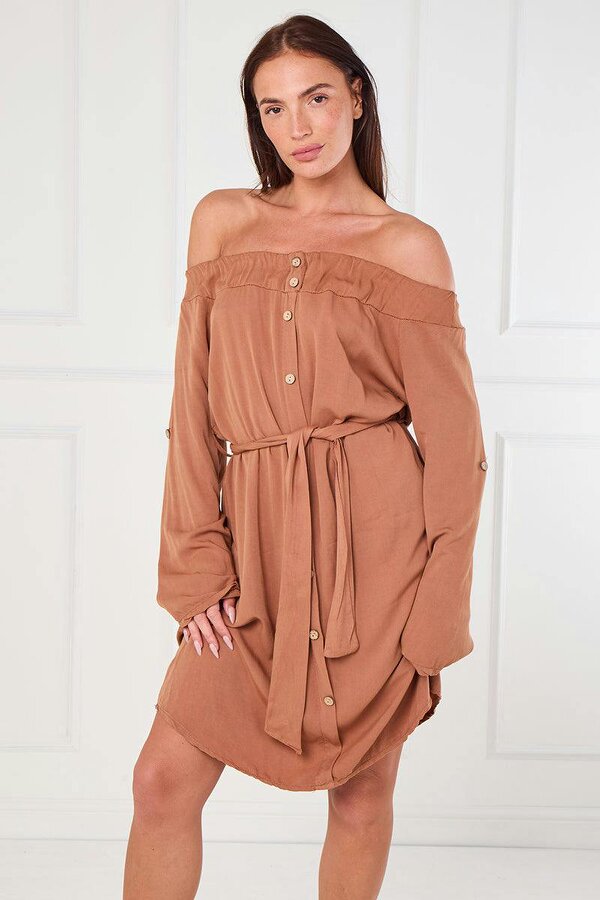 Elaina Fashion Off Shoulder Button Down Shirt Dress (One Size 8–14)