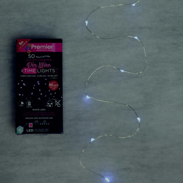Samuel Alexander 50 LED 2.5m Premier MicroBrights Indoor Outdoor Christmas Multi Function Battery Operated Lights with Timer on Pin Wire in Cool White
