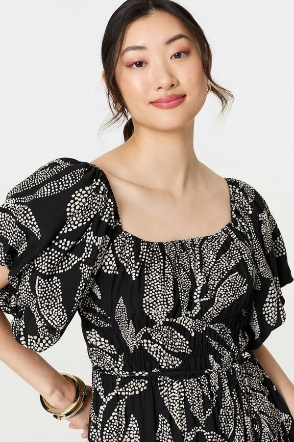 Black | Leaf Print Puff 1/2 Sleeve Midi Dress
