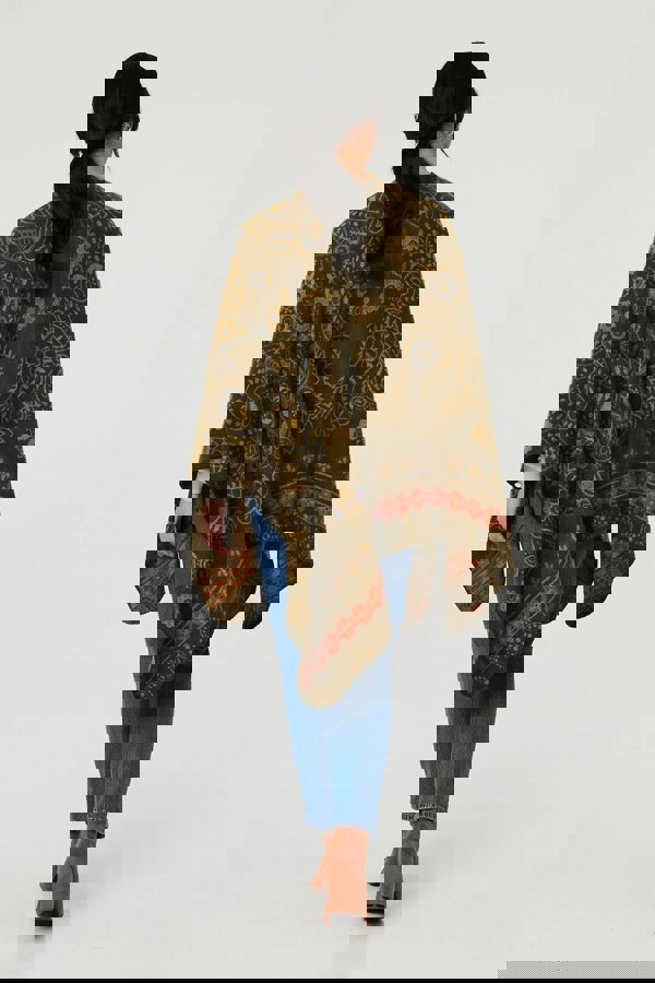 Beige | Border Print Longline Poncho
