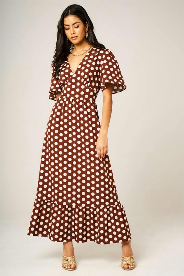 FS Collection Dot Print Angel Sleeve V Neck Frill Hem Midi Dress In Brown