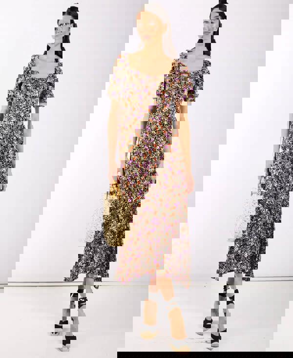 Purple Floral Sweetheart Neck Midi Dress