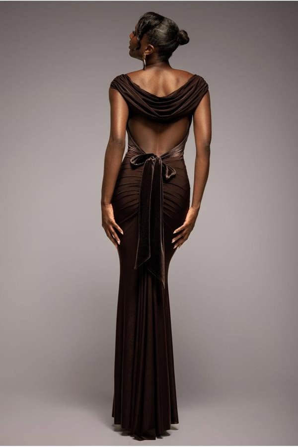 Open Back Cowl Neck Gathered Maxi Dress With Velvet Tie Back - Brown DR4856