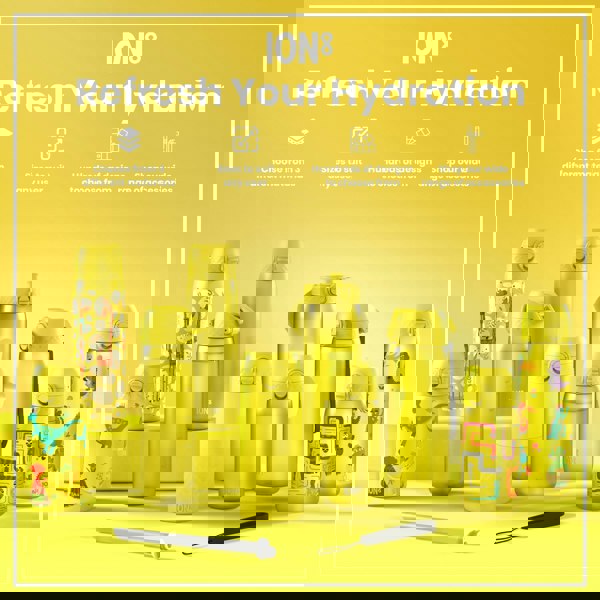 Several yellow ION8 water bottles, various sizes and designs, are displayed on a yellow surface. Refresh Your Hydration. Choose from 3 different materials. Sizes to suit any user. Hundreds of designs to choose from. Shop our wide range of accessories.