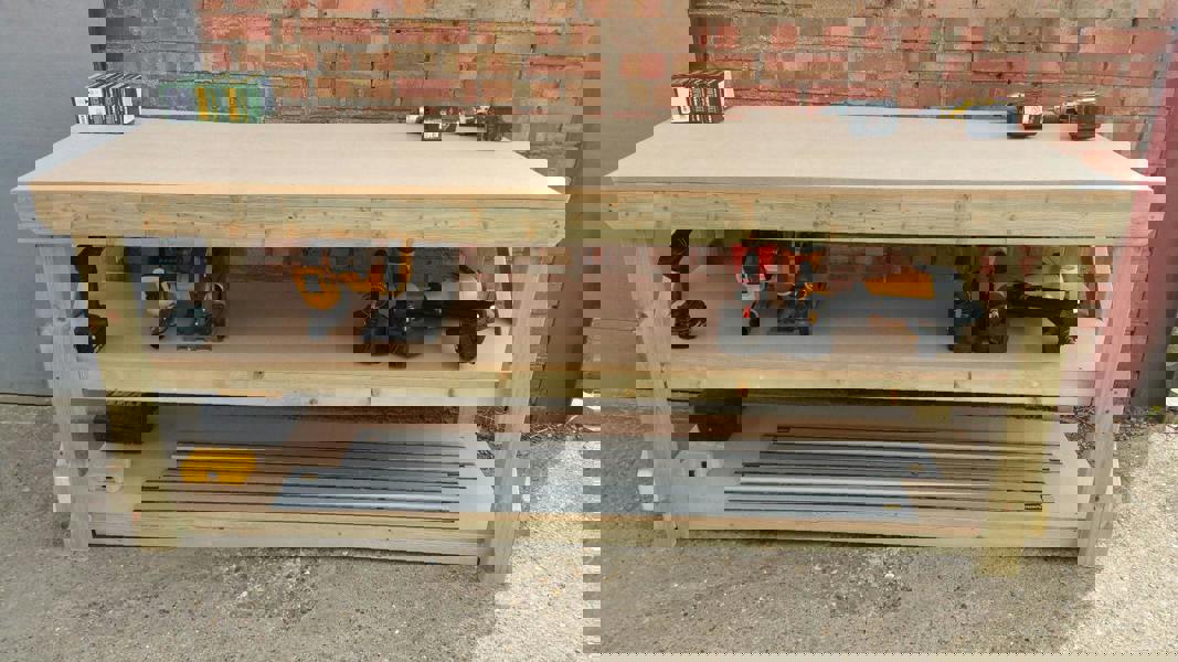 Wooden MDF Top Workbench – Sturdy Workstation with Double Shelf for Extra Storage, Ideal for Dry Indoor Spaces Such as Garages, Workshops, and Studios