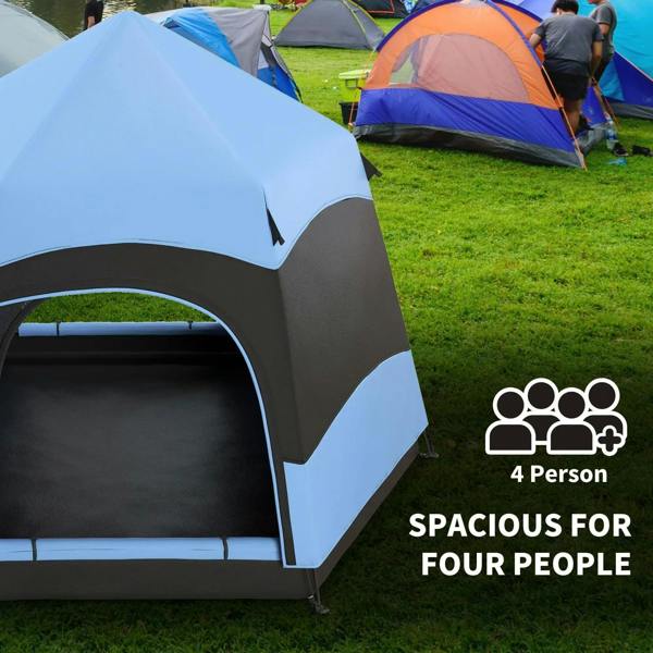 Blue and black hexagon camping tent with large front door opening on green grass