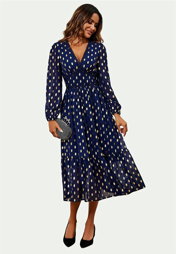 FS Collection Lace Trim Foil Long Sleeve Maxi Dress In Navy