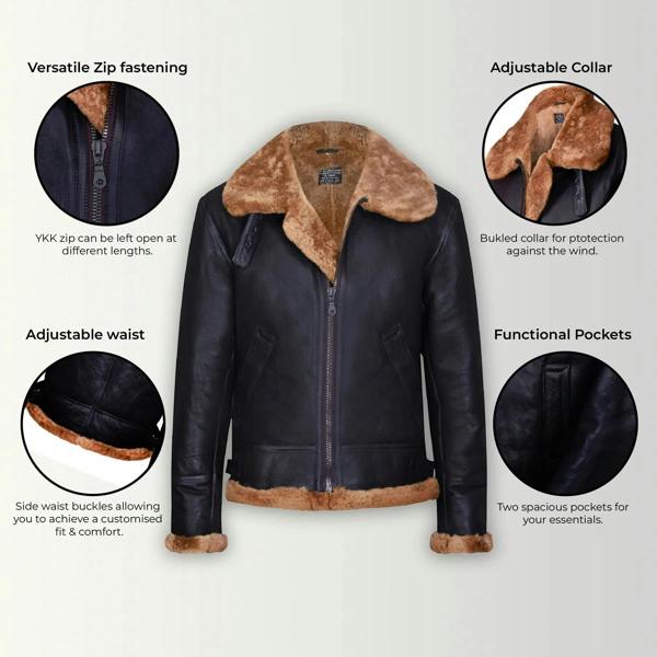 Infinity Leather Mens B3 Aviator Real Sheepskin Leather Flying Jacket-Oxford