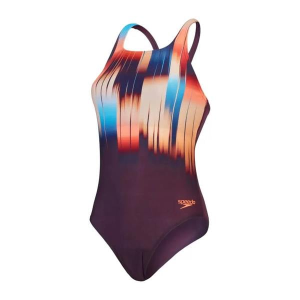 Speedo digital placement medalist swimsuit in purple orange with blue abstract pattern