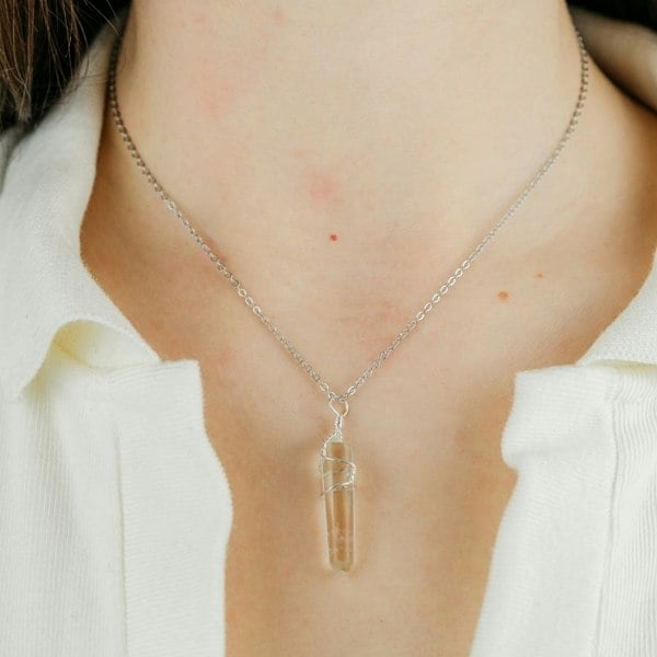 The Colourful Aura Clear Quartz Crystal Point Pillar Wire Wrapped Natural Stone Pencil Necklace