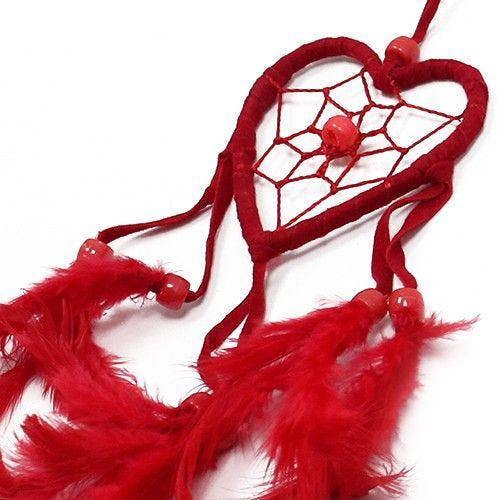 Small heart dreamcatcher with red webbing and red feather fringe