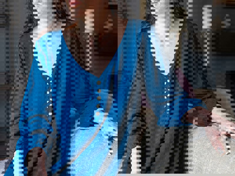 Antonia York Teal Blue Layered Dress | Chelsea Loose Fitting Dress with Front Button Detail