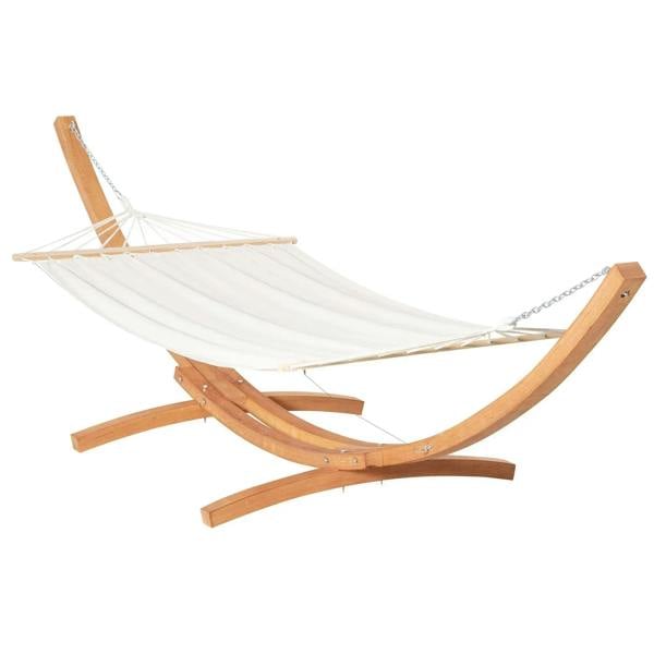 White cotton hammock swing with wooden arched stand and spreader bar