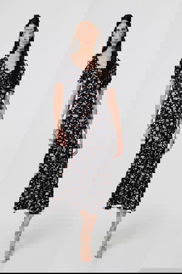 Navy | Polka Dot Print Tie Neck Midi Dress
