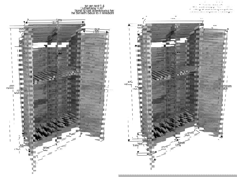 Arbor Garden Solutions Wooden Log Store (Roof Sloping Back) with Doors and Shelf W-187cm, H-126cm or 180cm, D-88cm