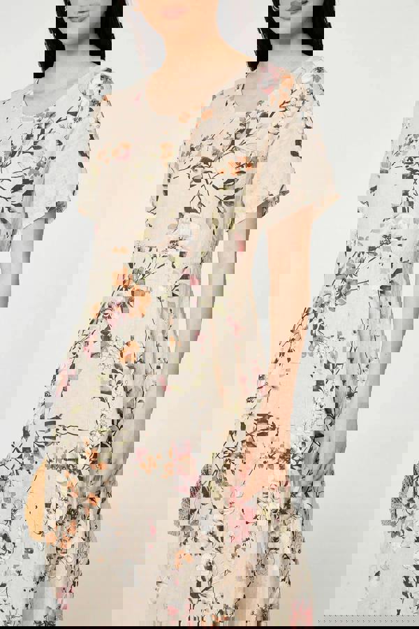 Linen | Floral Short Sleeve Oversized Midi Dress