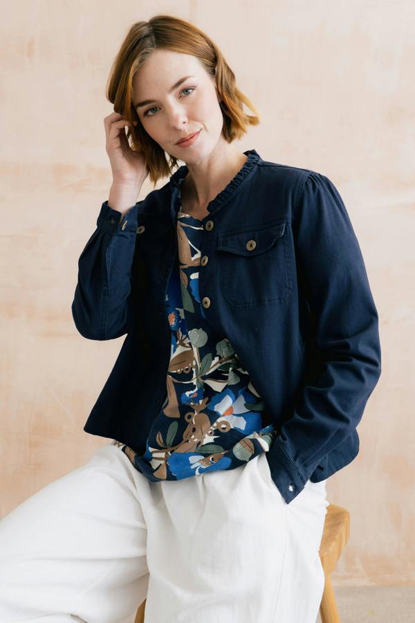 Lily & Me Lakeside Linen Blend Print Top Navy