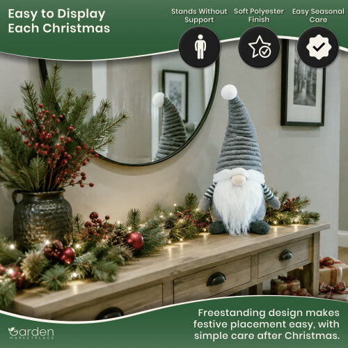 Large Christmas Cute Groovikert Gonk Figure in Grey, Free-Standing Polyester Festive Decoration, Soft Indoor Ornament, 51cm Tall x 23cm Wide