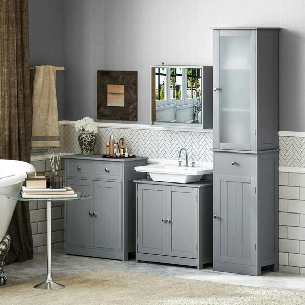 Grey wall mirror cabinet with doors open beside bathroom vanity and sink