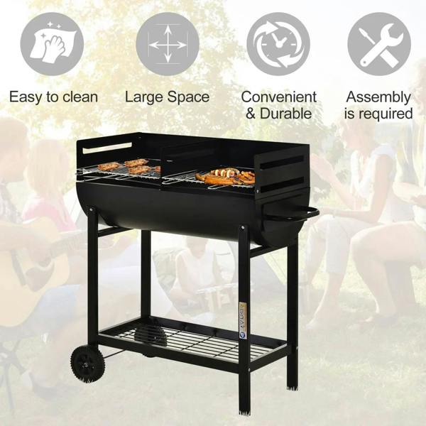 Black charcoal BBQ grill with two cooking grates, lower shelf, and four caster wheels