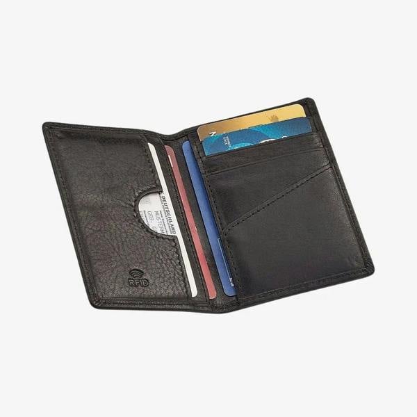 Black leather card holder with card slots on a white background
