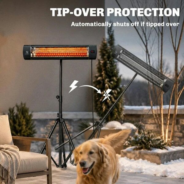 Bobobiy 2500 W Electric Infrared Patio Heater, IP65 Outdoor Garden Heater with Tripod, 3 Heat Settings, 24H Timer, Black