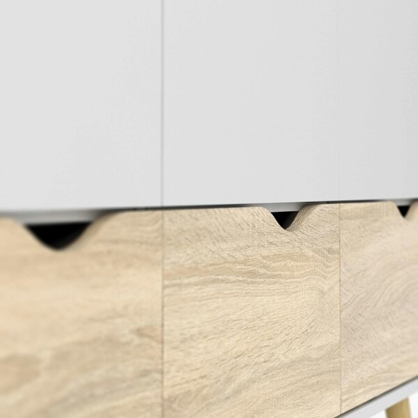 Wyld Haus Sapporo White and Natural Oak Effect Wardrobe 3 Doors 3 Drawers