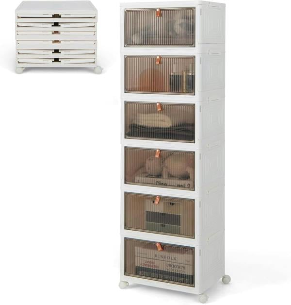 HYGRAD BUILT TO SURVIVE Foldable White Plastic Shoe Box 2/3/4/5/6 Tier Stackable Storage Cabinet-Rolling Storage Organizer Containers With Lid