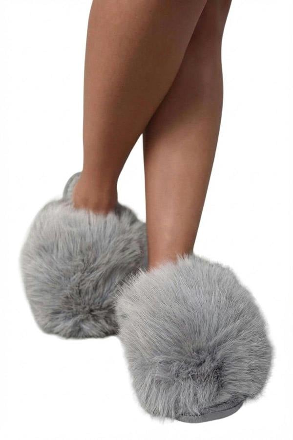 Nadia Fluffy Faux Fur Slippers - Grey_wb