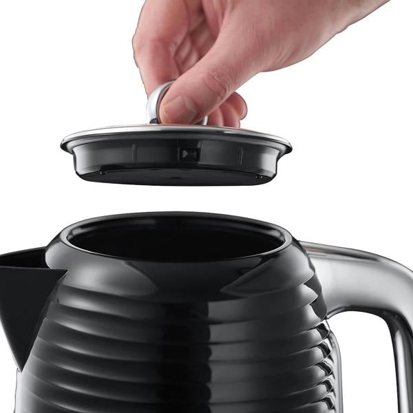 Russell Hobbs Inspire Black Kettle 1.7L, 3000W Rapid Boil, Blue Illumination, Perfect Pour Spout, Anti-Scale Filter, 360° Base