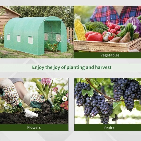 Bobobiy 4 x 2 m Polytunnel Greenhouse with Roll-up Door and 6 Mesh Windows, Green, 4 x 2 x 2 m