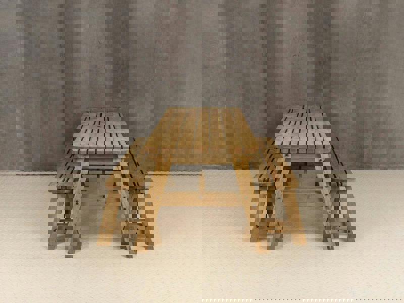 Victoria Space-Saving Rounded Picnic Table and Benches Set – Rustic Finish Wooden Outdoor Dining Set for Gardens and Patios