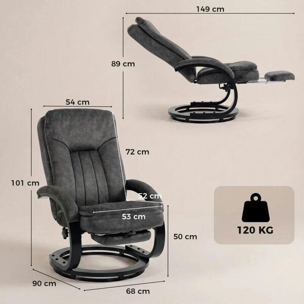 Swivel Recliner Chair, Velvet Recliner Armchair with Retractable Footrest, Dual-Layer Cushion, High Back, Dark Grey