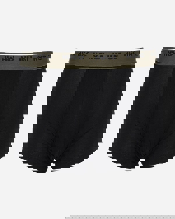 studio shot of HUGO 5-Pack Mens Stretch-Cotton Trunks with Logo Waistbands in green and black