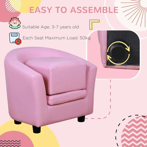 Pink toddler armchair with padded seat, side fastening shown