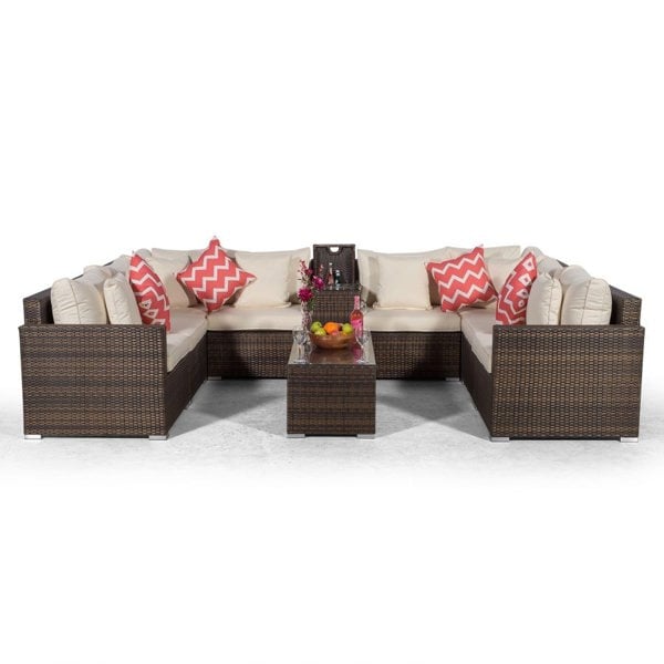 Giardino Havana 8 Seat Rattan Sofa Set w/ Armrest Drinks Cooler and Coffee Table