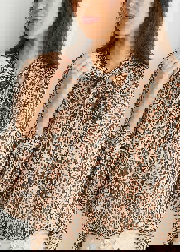 Gini London Brown Animal Print Long SLeeves Tie Neck Blouse