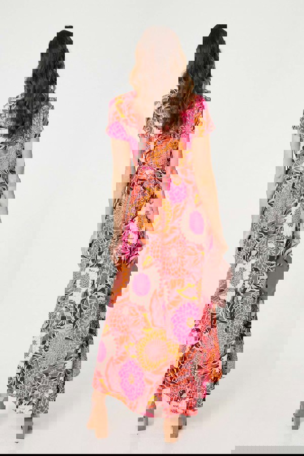 Pink | Floral Short Sleeve Tie Waist Midi Dress
