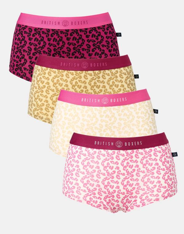 British Boxers Multipack! 4 Pairs of Women's Bamboo Hipster Boxer Briefs – Leopard Rose