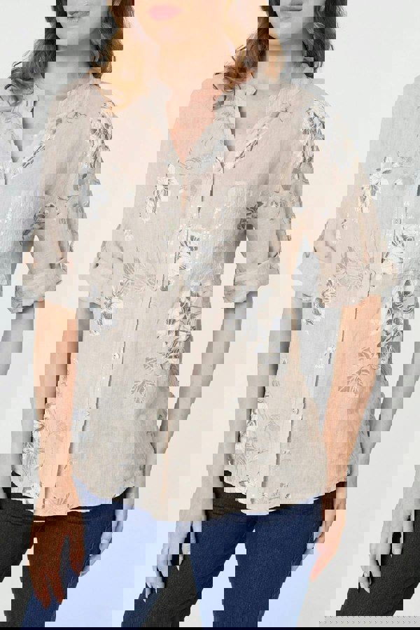 Beige | Floral 3/4 Turn-Up Sleeve Blouse