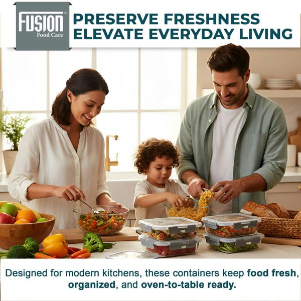 Fusion Food Care Food Storage Containers with Airtight Lids 10 Pack - 5x370ml & 5x1040ml Glass Meal Prep Containers Set BPA Free Glass Food Container