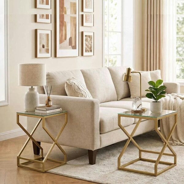 Nest of Tables, Side Table Set of 2 with Transparent Top, Coffee Table Set with Tempered Glass Top, Transparent