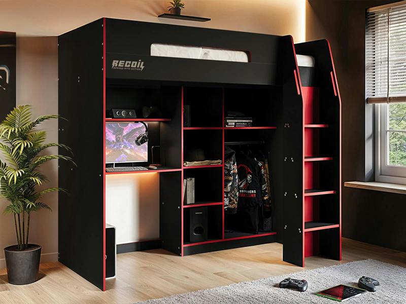 Summit Gaming High Sleeper with Wardrobe Black