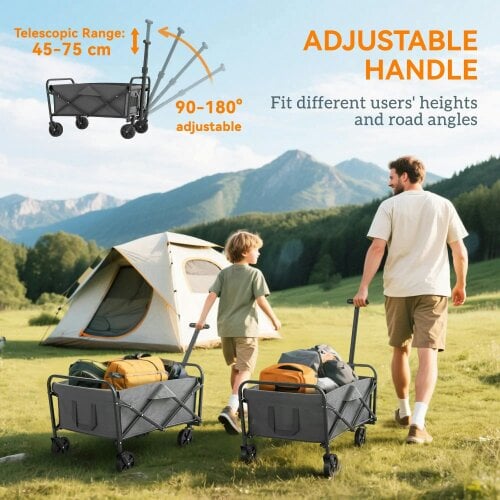 Bobobiy 62L Festival Trolley on Wheels, 120kg Heavy Duty Collapsible Folding Wagon with Adjustable Handle and Carrying Bag for Beach, Grey