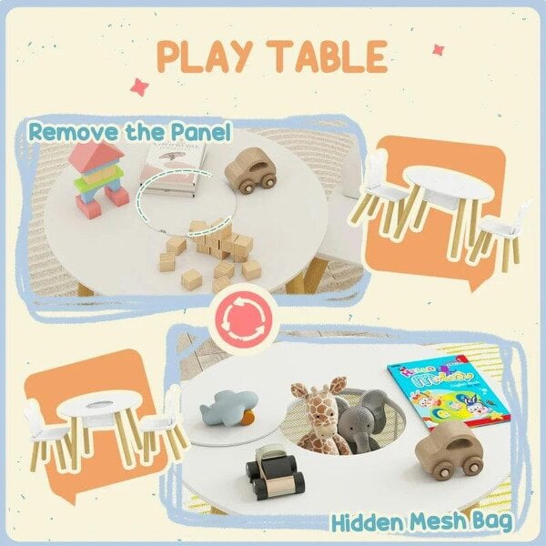 Bobobiy 3-Piece Kids Activity Table Set with Centre Mesh Bag, Bear-Shaped Backrest, for Arts and Crafts, Reading, White