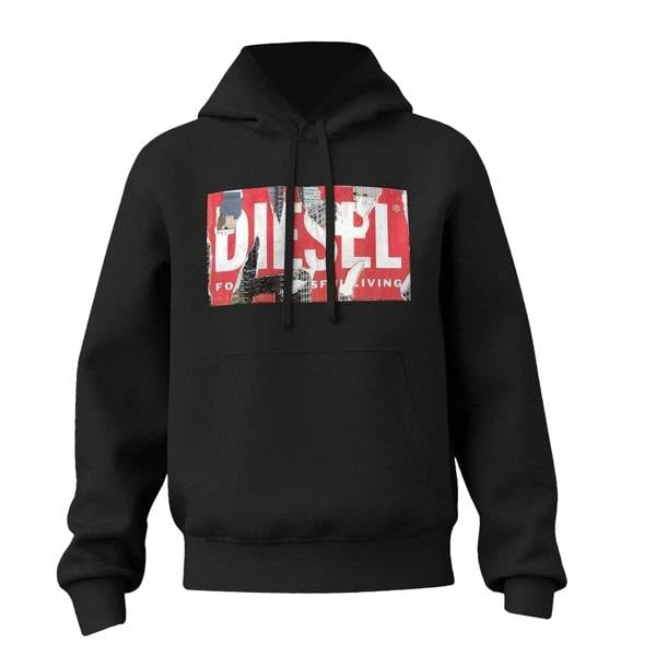 Diesel Mens Box Logo Long-Sleeved Hoodie - Black - 